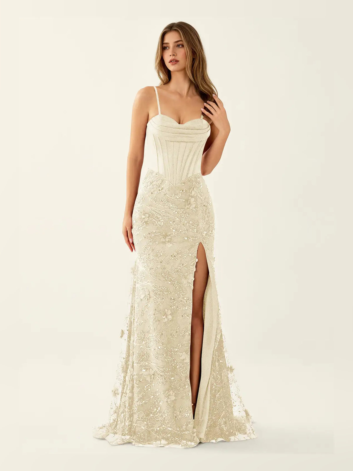 Champagne maxi prom dress, front view showing the mermaid silhouette