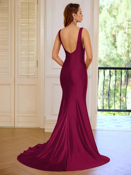 Burgundy floor-length prom dress, front view showing the a-line silhouette