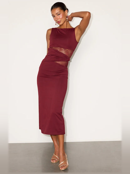 Burgundy column midi formal dress with cutout detail, full-length front view