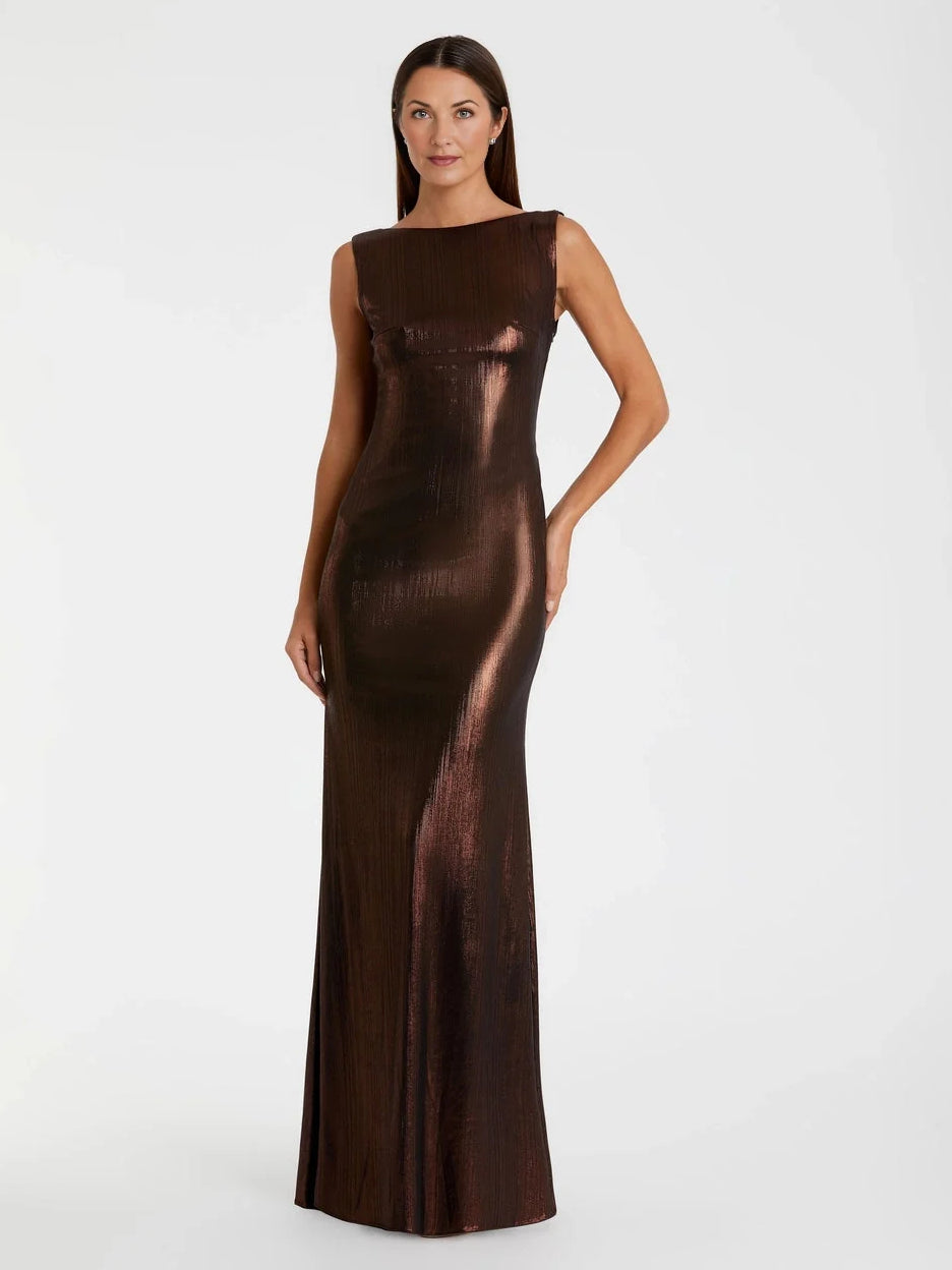 Deep Purple floor-length mother of the bride dress, front view showing the sheath silhouette