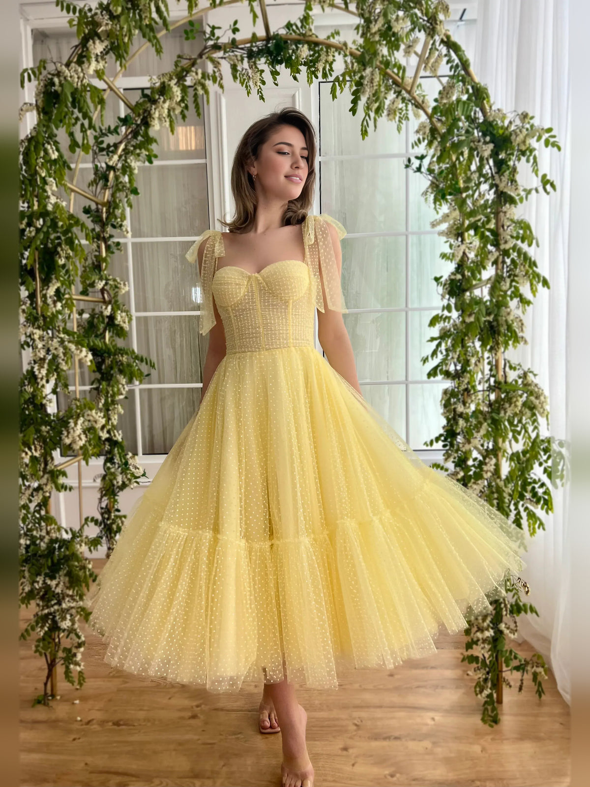 Yellow tea-length homecoming dress, alternate view showing the full-length silhouette