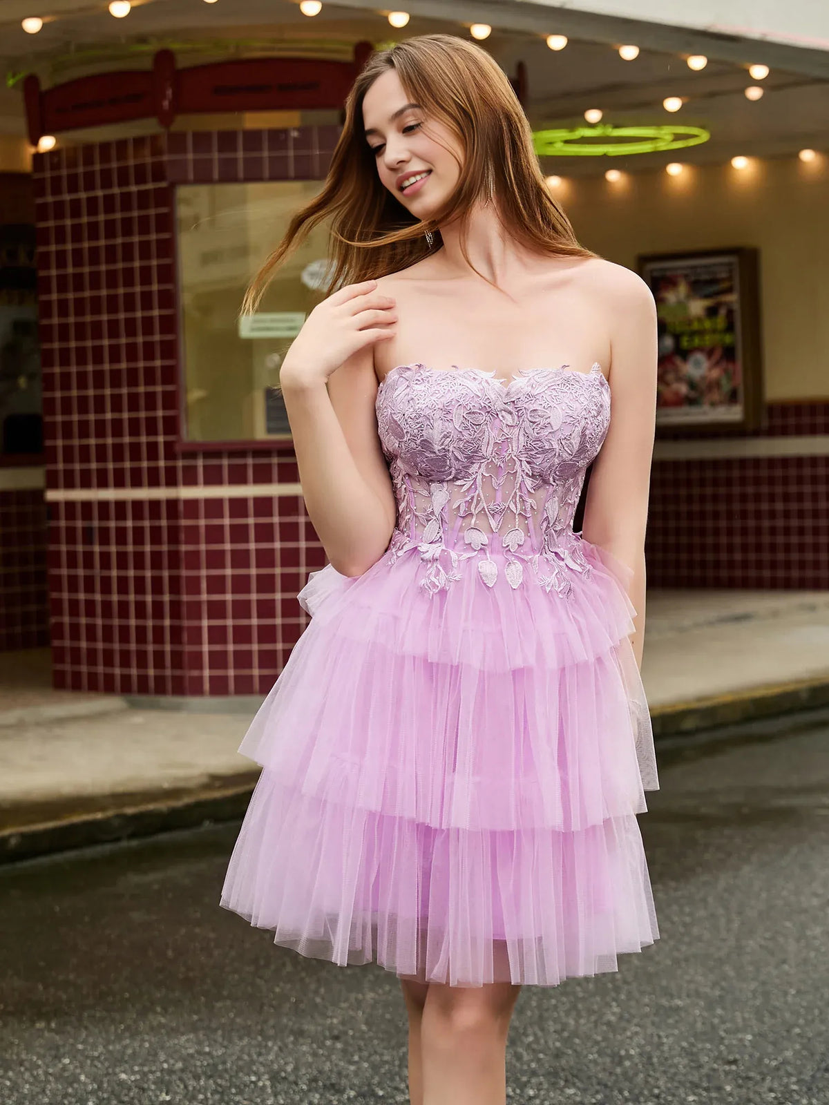 Lilac short homecoming dress, alternate view showing the full-length silhouette