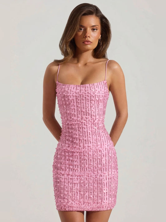 Pink mini homecoming dress, front view showing the bodycon silhouette