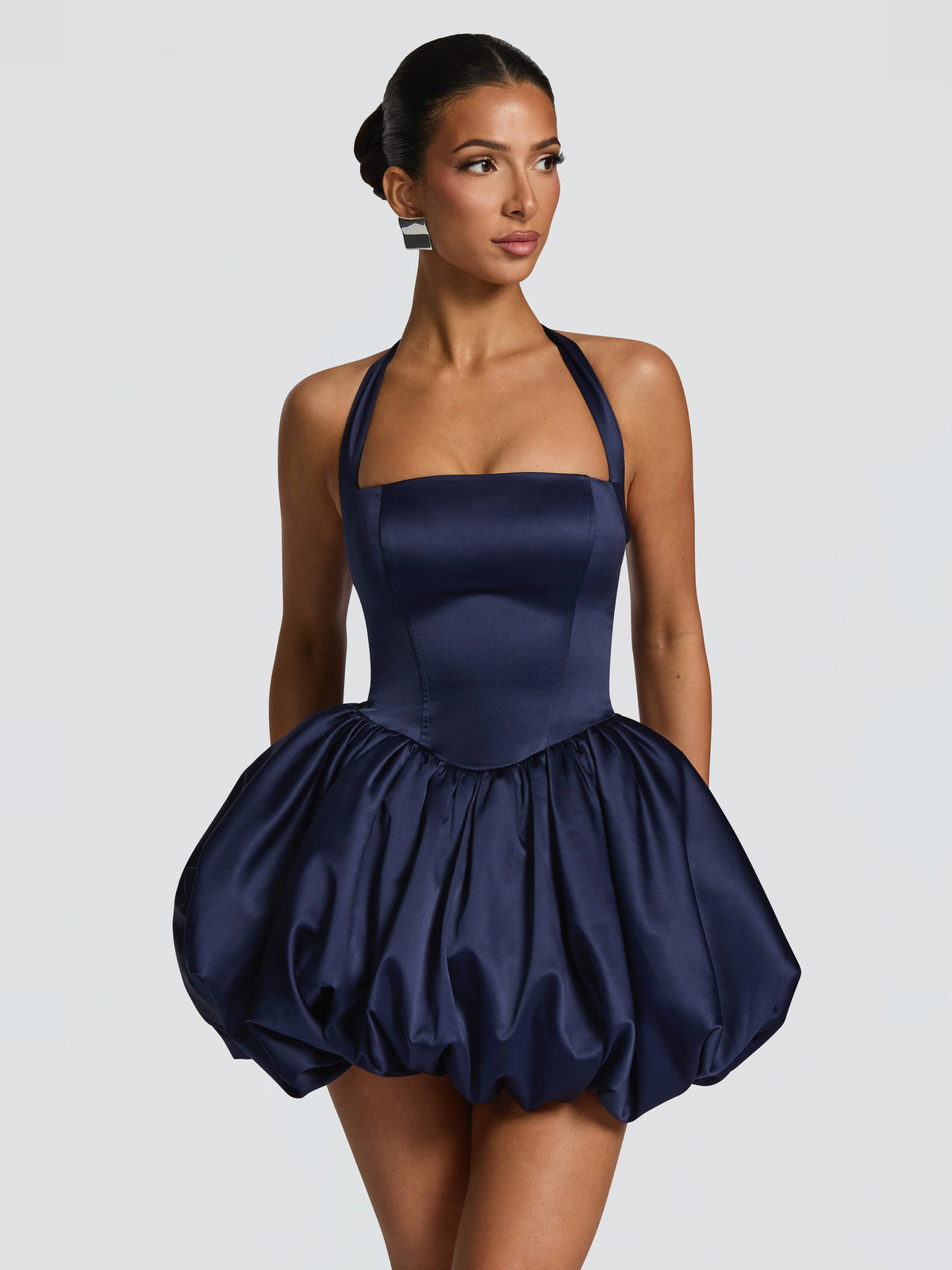 Navy mini homecoming dress, front view showing the silhouette