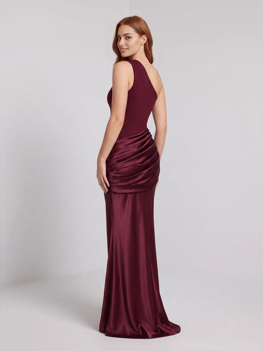 Burgundy floor-length bridesmaid dress, front view showing the mermaid silhouette