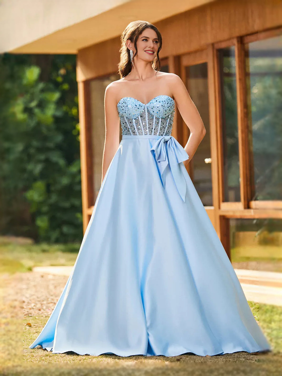 Light Blue floor-length prom dress, front view showing the a-line silhouette