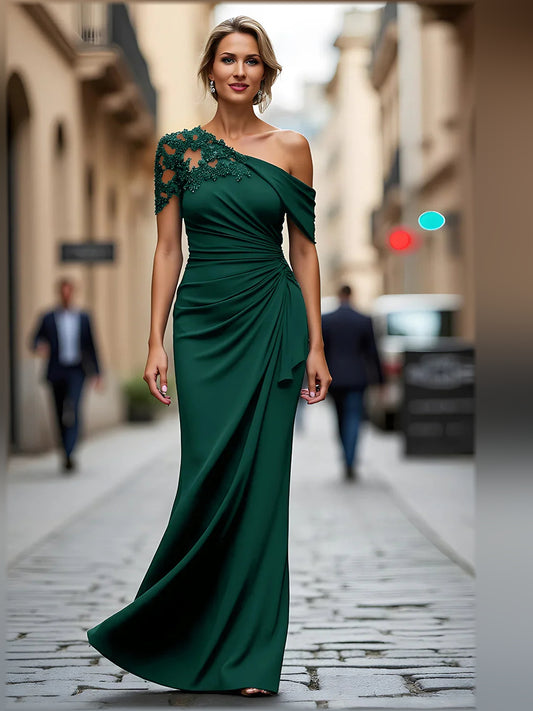 Dark Green mermaid floor-length formal dress with one-shoulder neckline, full-length front view