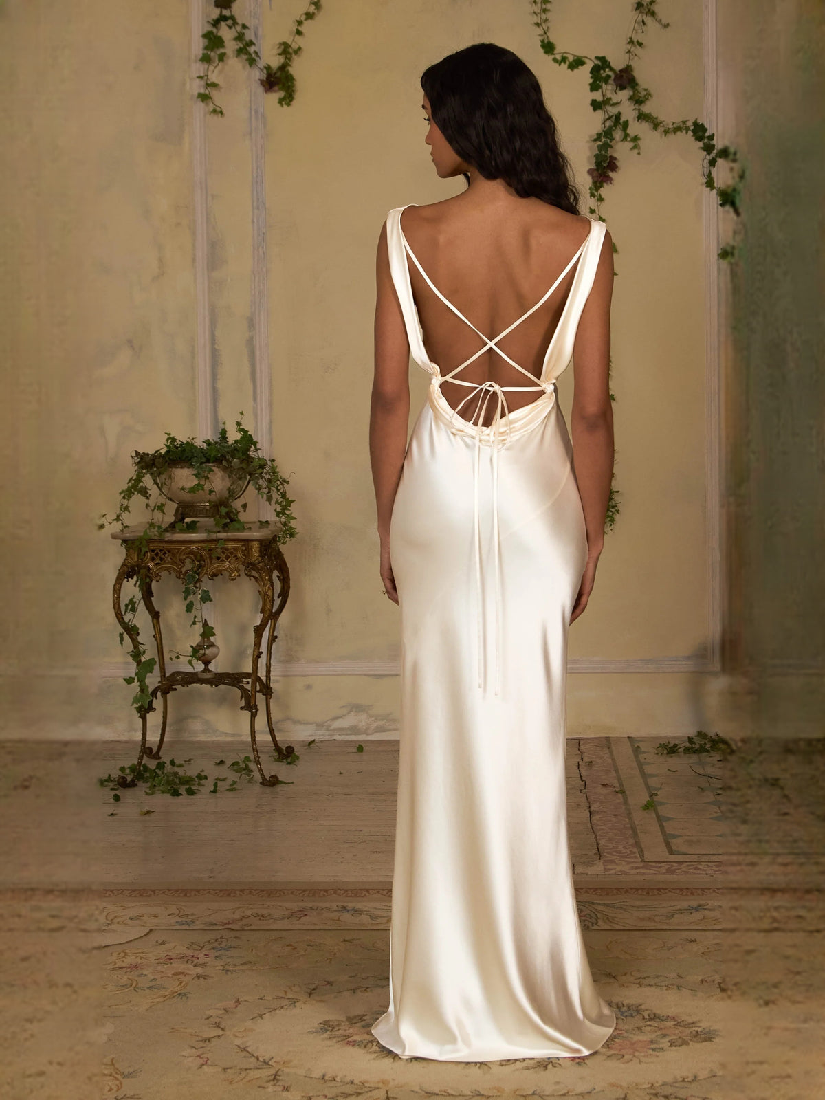 Ivory white floor-length prom dress, front view showing the sheath silhouette