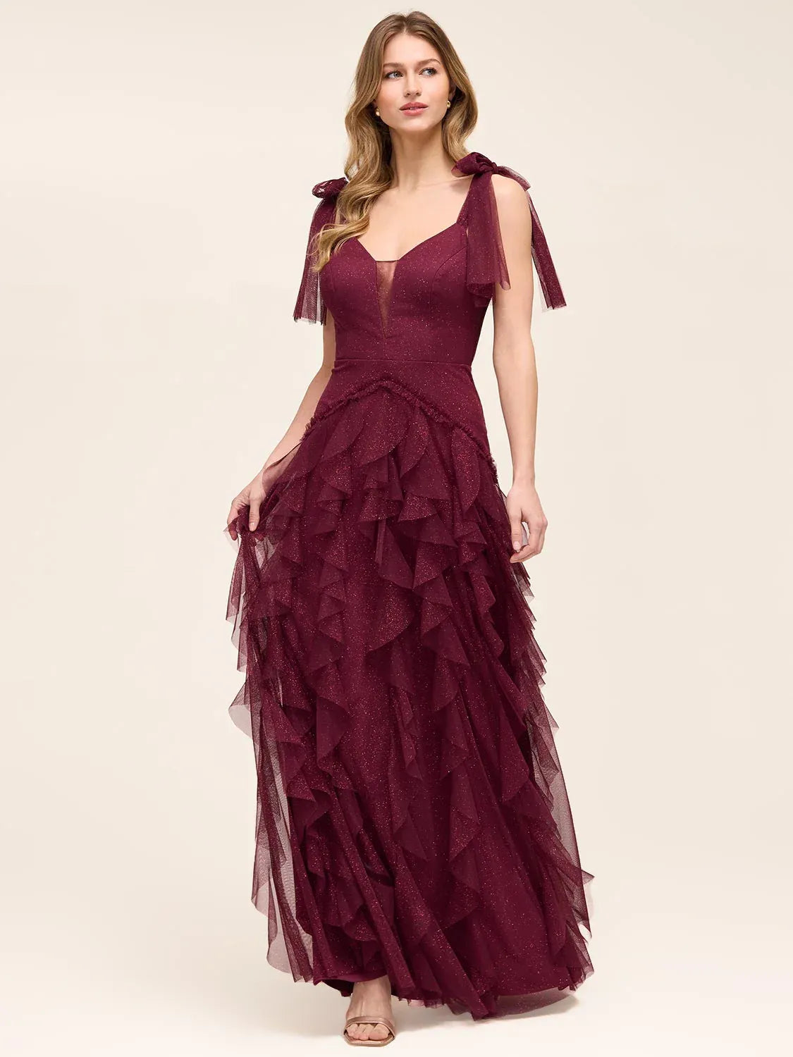 Cabernet maxi prom dress, front view showing the a-line silhouette
