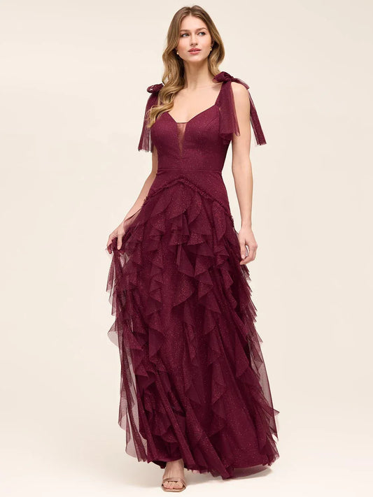 Cabernet maxi prom dress, front view showing the a-line silhouette