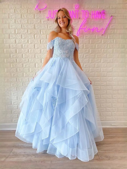 Sky Blue maxi prom dress, front view showing the a-line silhouette