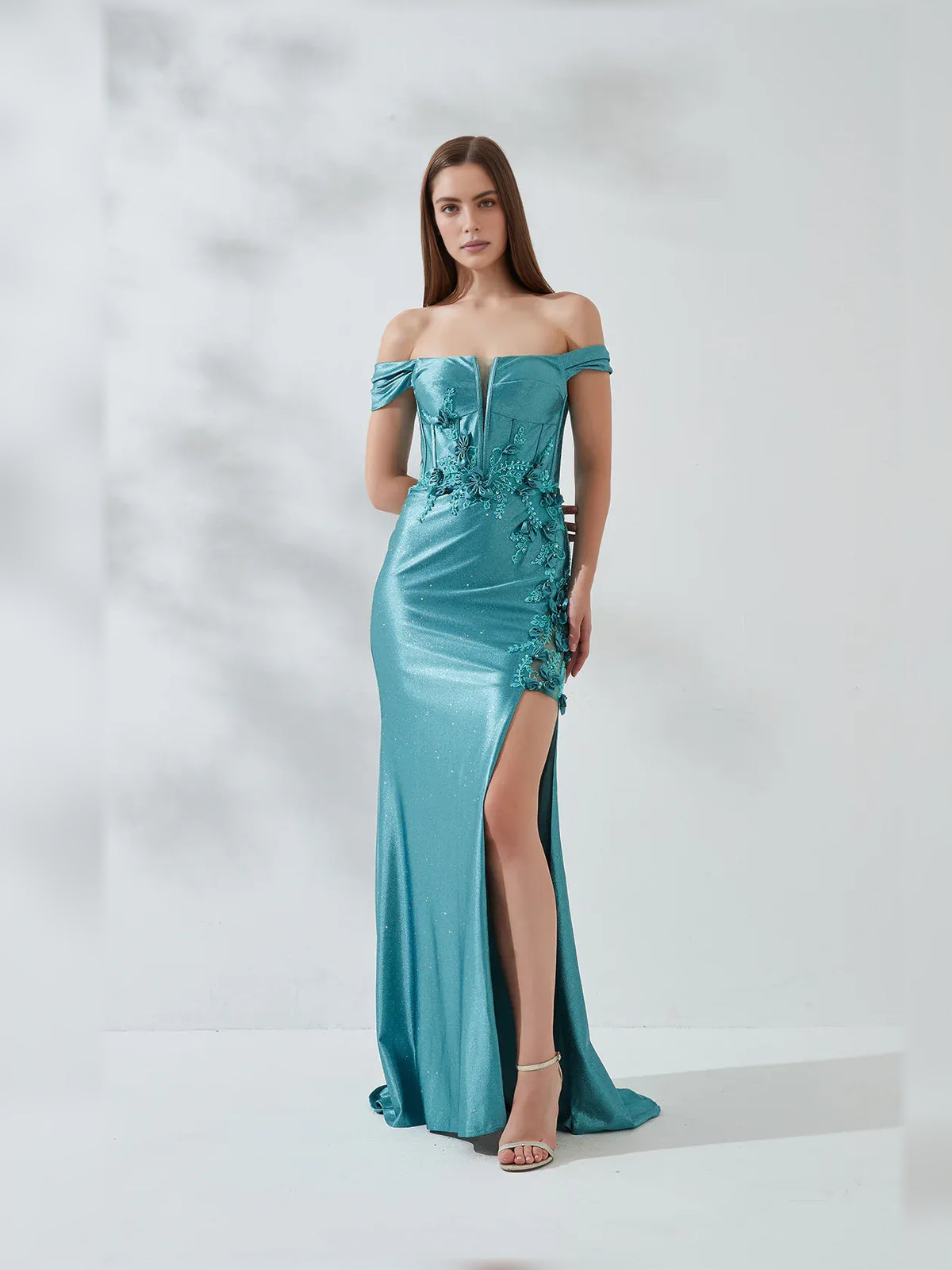 Jade mermaid floor-length formal dress with off-the-shoulder neckline, full-length front view