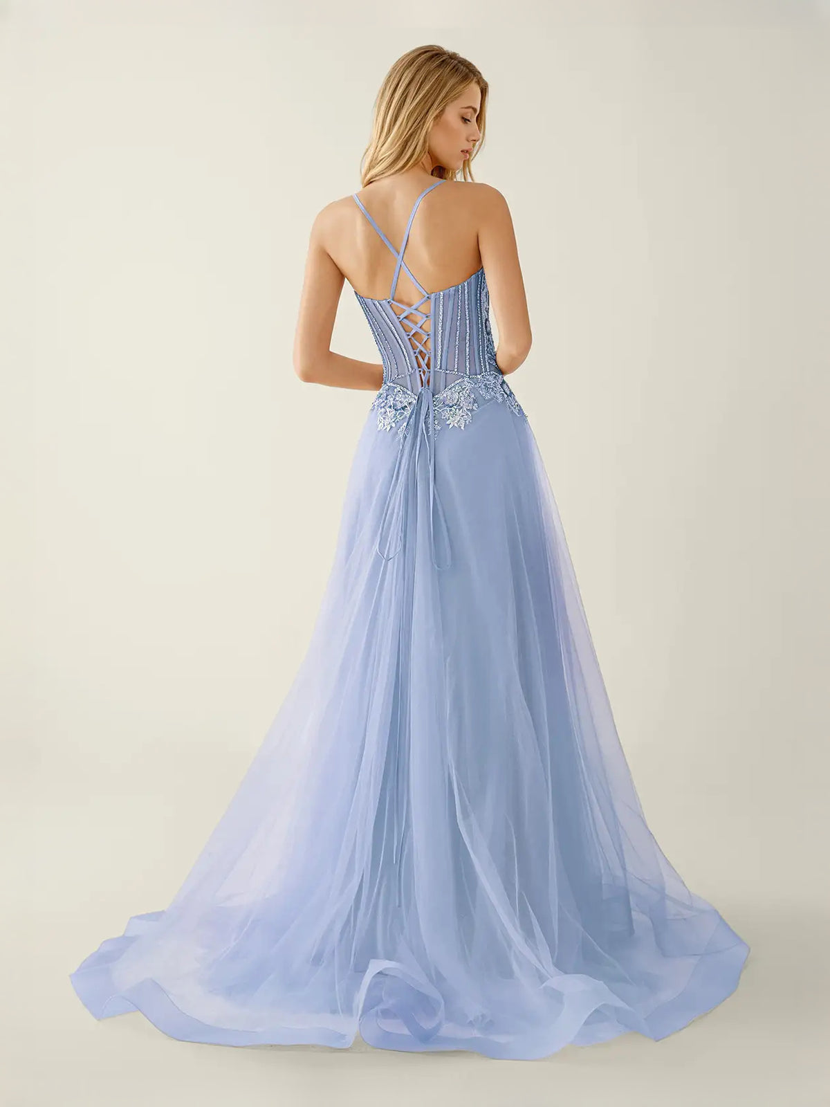 Navy Blue floor-length prom dress, front view showing the a-line silhouette
