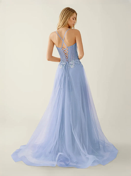 Navy Blue floor-length prom dress, front view showing the a-line silhouette