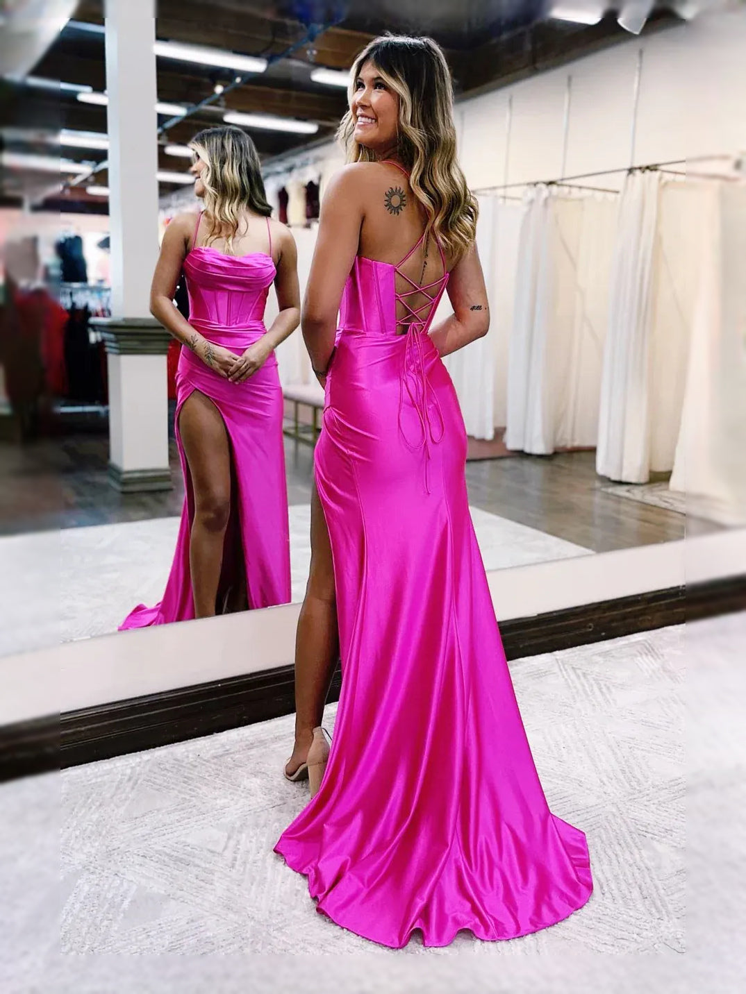 Hot Pink floor-length prom dress, front view showing the mermaid silhouette