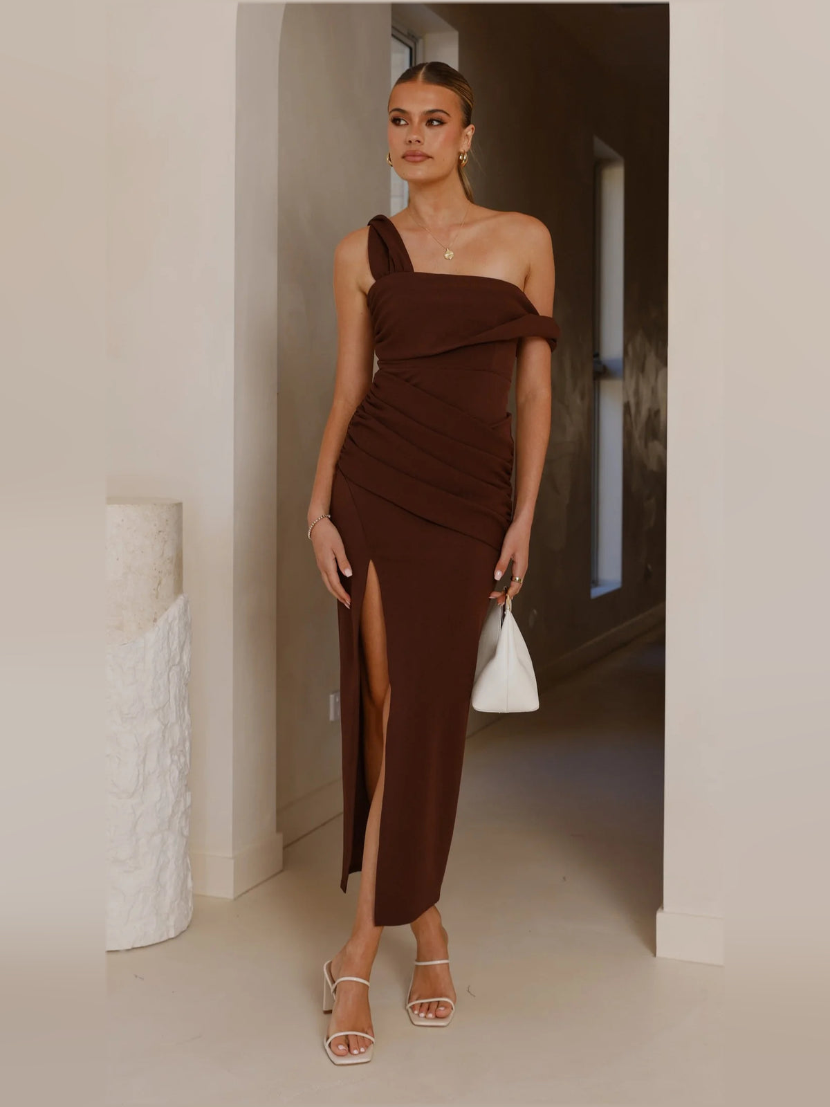 Chocolate sheath maxi formal dress with strapless neckline, full-length front view