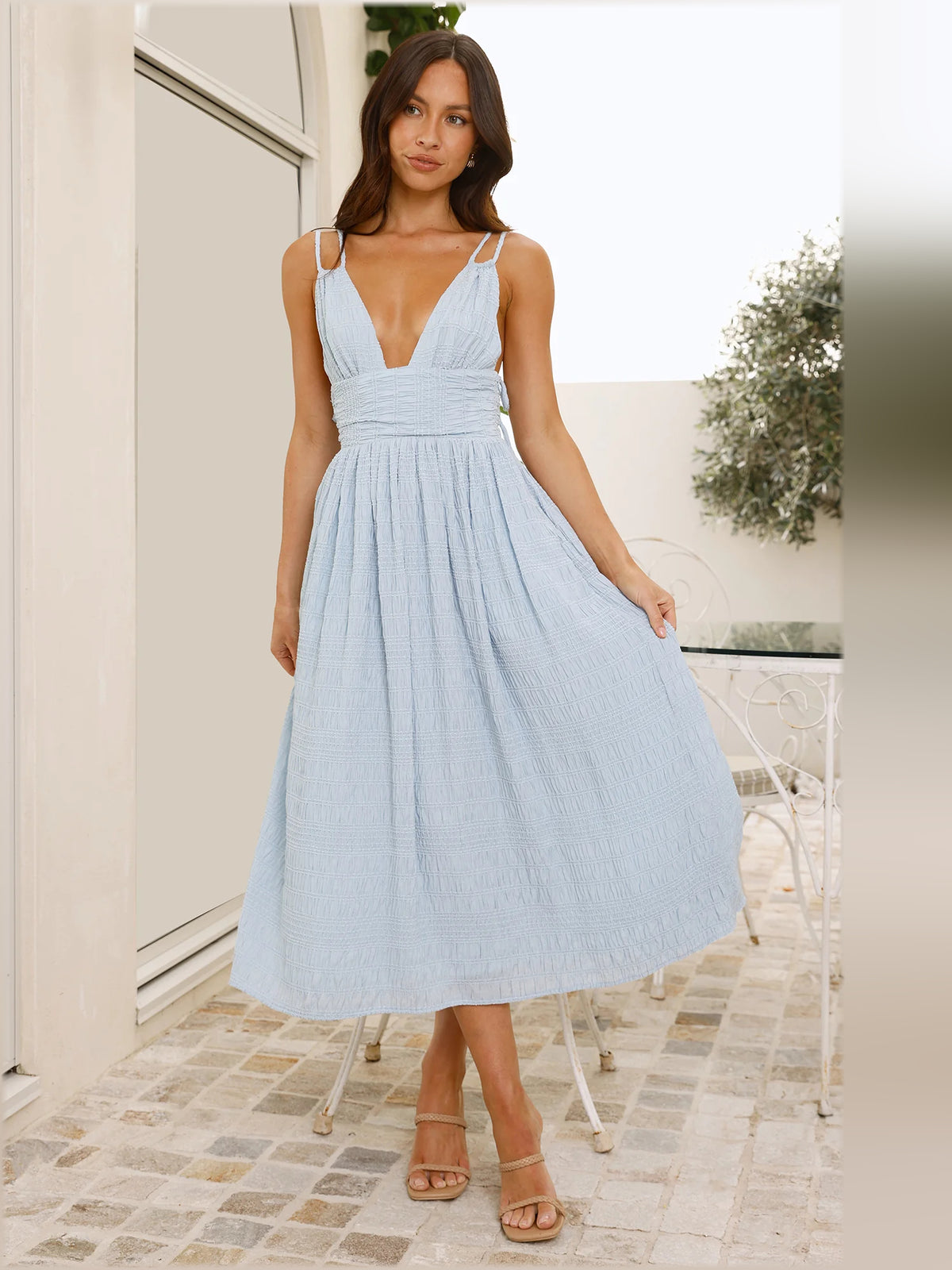Blue midi formal dress, full-length front view