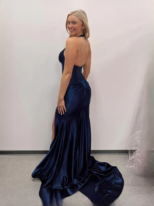 Navy Blue floor-length prom dress, front view showing the mermaid silhouette