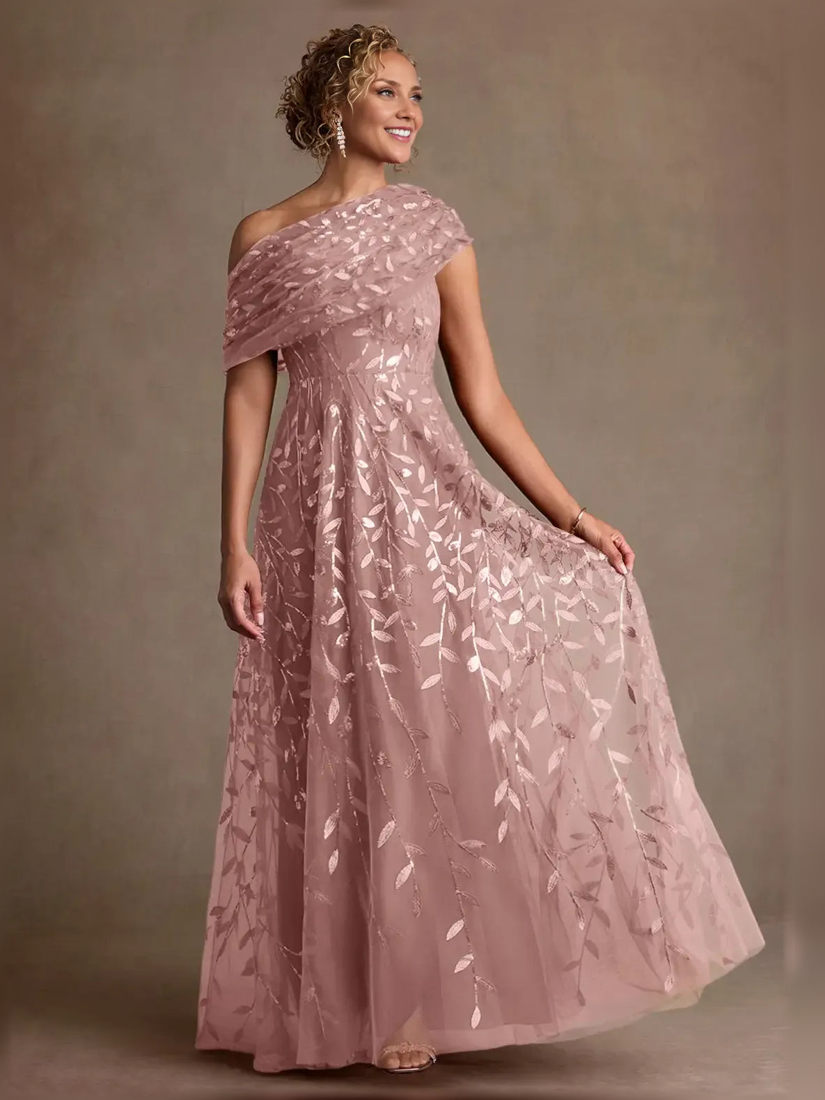 Dusty Rose short mother of the bride dress, front view showing the a-line silhouette