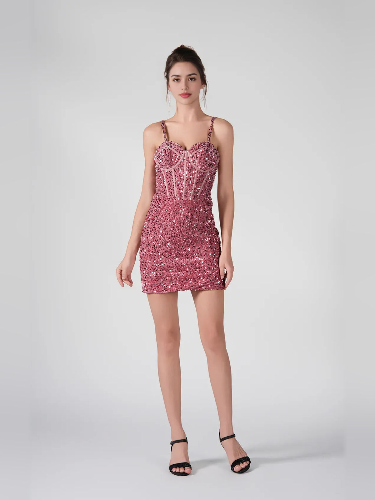 Rose Gold mini homecoming dress, alternate view showing the full-length silhouette