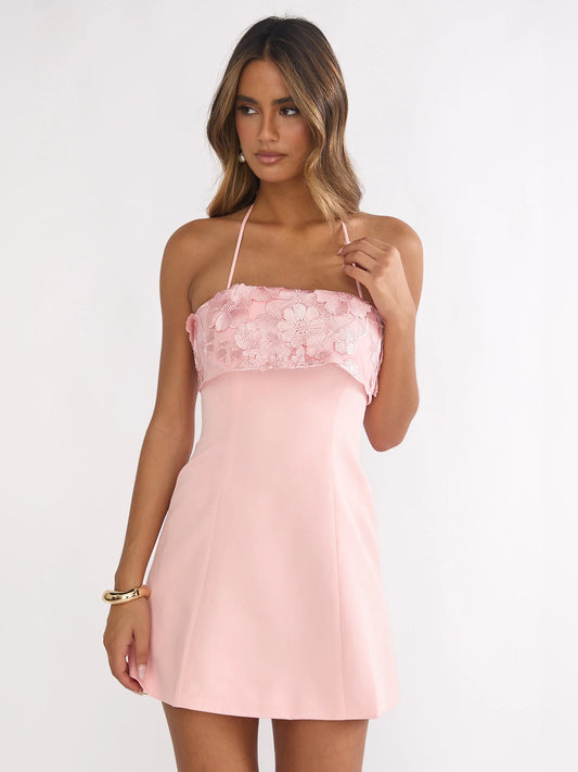 Blush mini homecoming dress, front view showing the silhouette