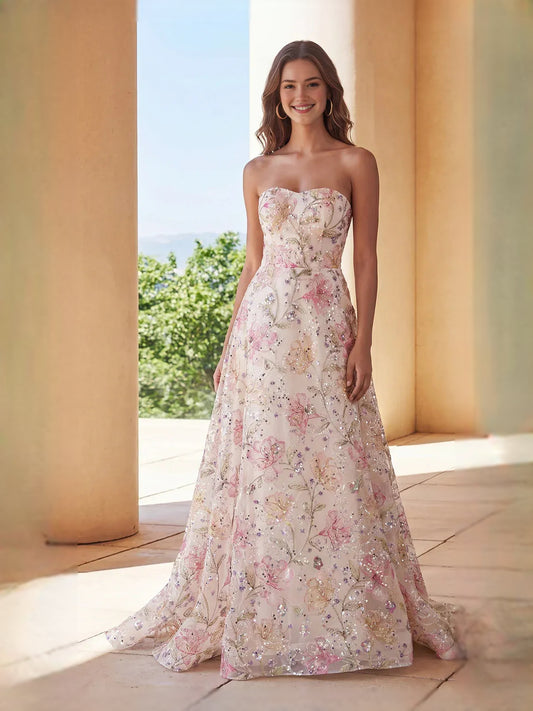 As Picture floor-length prom dress, front view showing the a-line silhouette