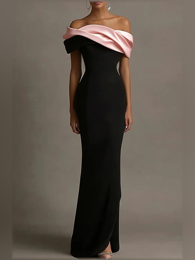 Black mermaid floor-length formal dress with off-the-shoulder neckline, full-length front view