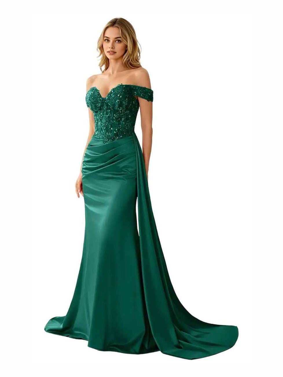 Emerald Green floor-length prom dress, front view showing the mermaid silhouette