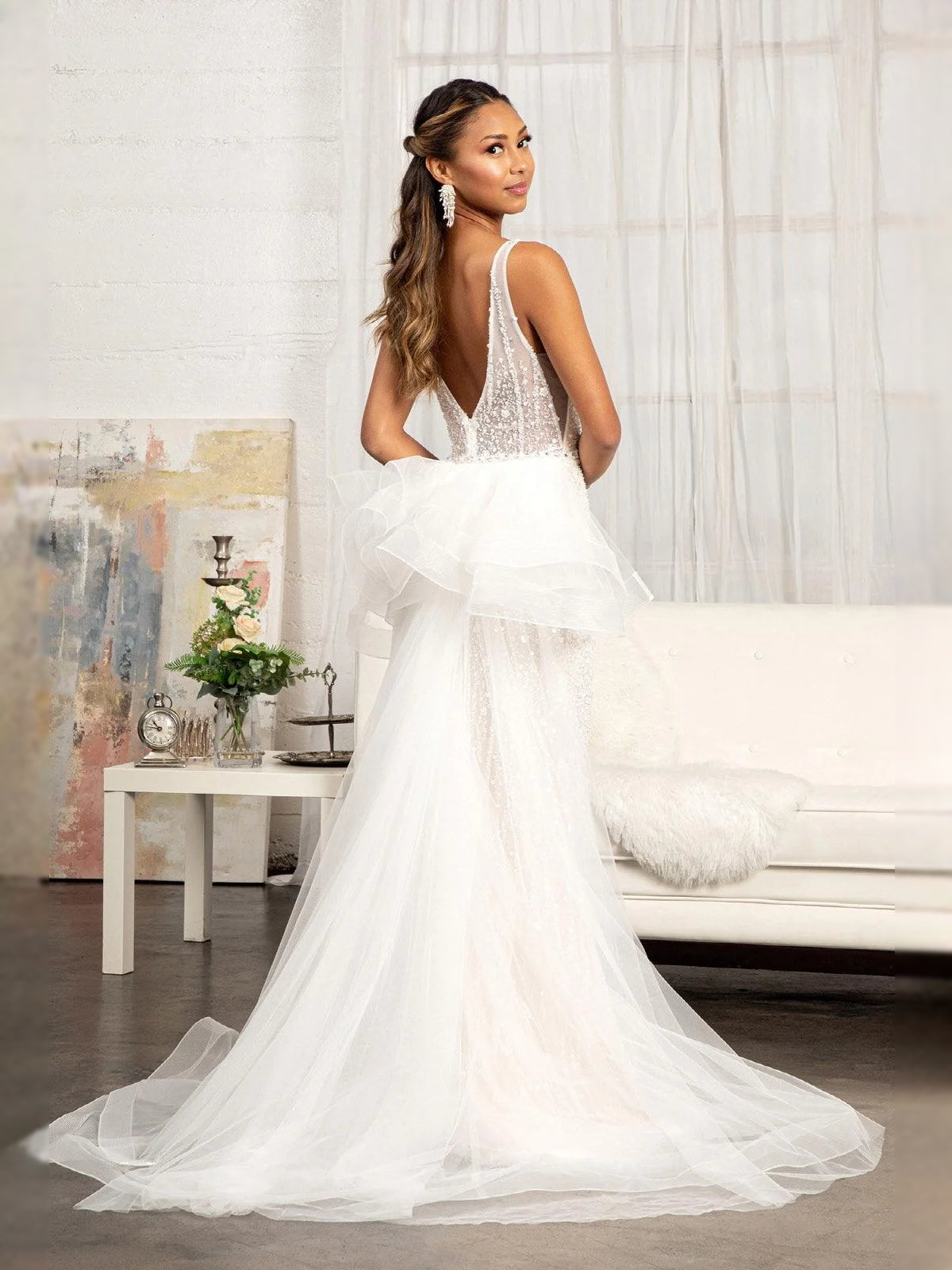 Ivory floor-length wedding dress, front view showing the mermaid silhouette