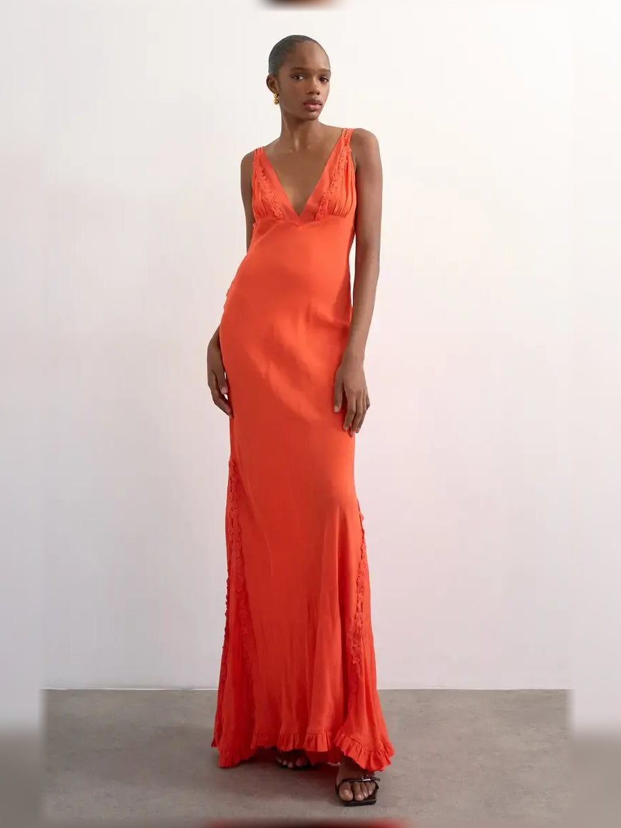 Orange mermaid floor-length formal dress with V-neckline, full-length front view