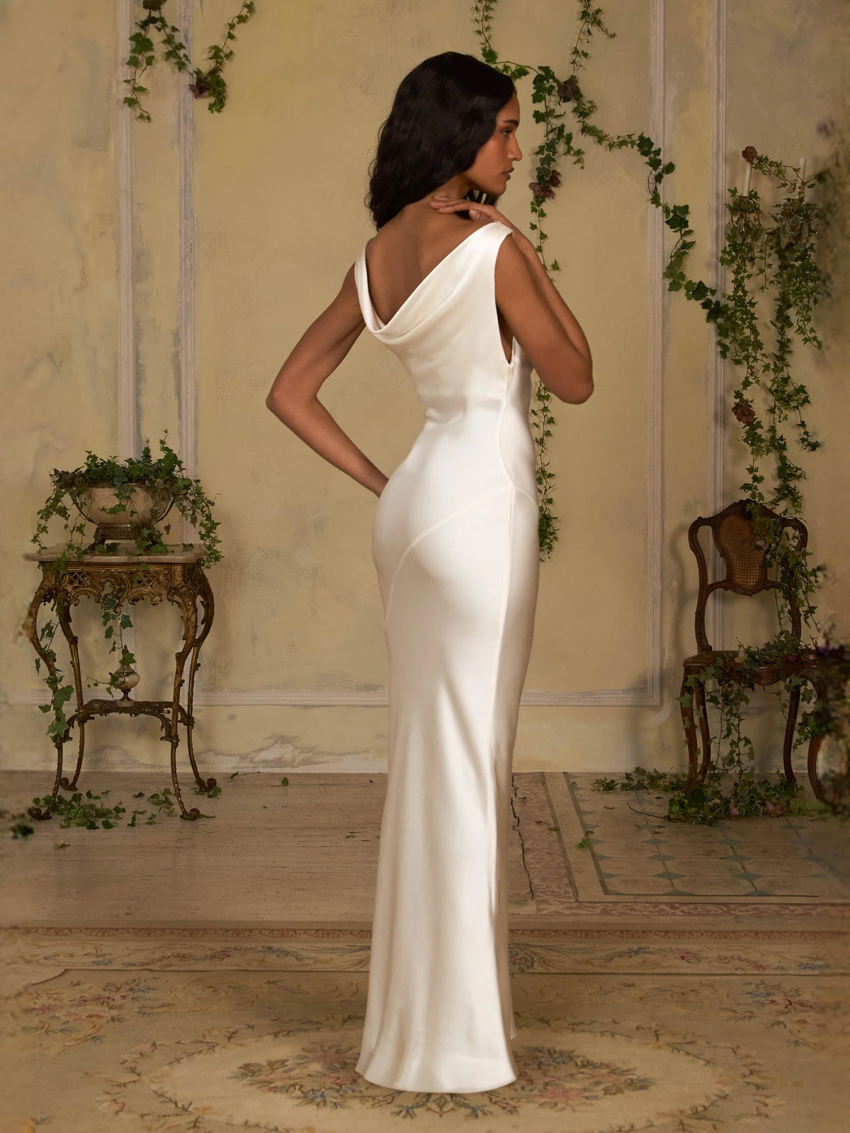 Ivory white maxi prom dress, front view showing the sheath silhouette