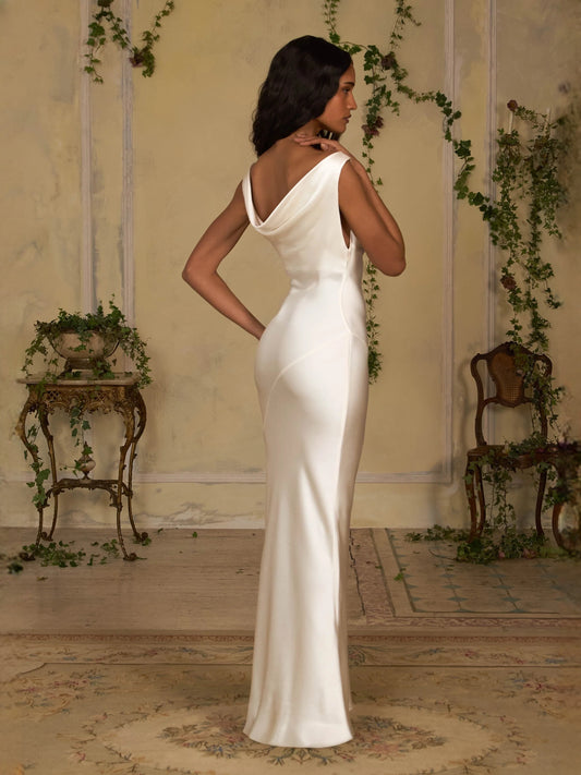 Ivory white maxi prom dress, front view showing the sheath silhouette