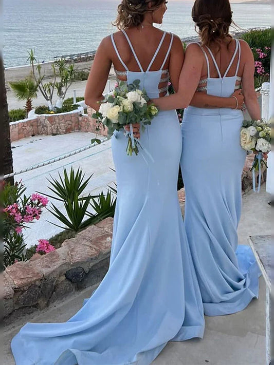 Sky Blue floor-length prom dress, front view showing the sheath silhouette