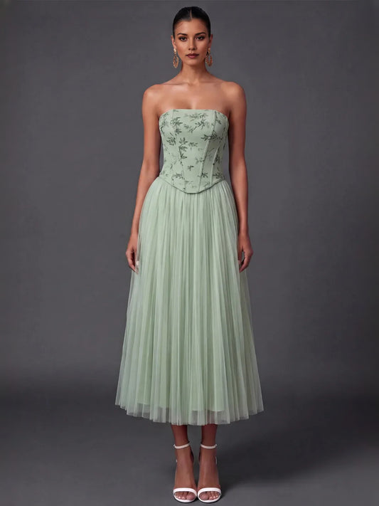 Dusty Sage tea-length bridesmaid dress, front view showing the a-line silhouette