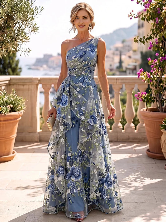 Steel Blue floor-length mother of the bride dress, front view showing the a-line silhouette