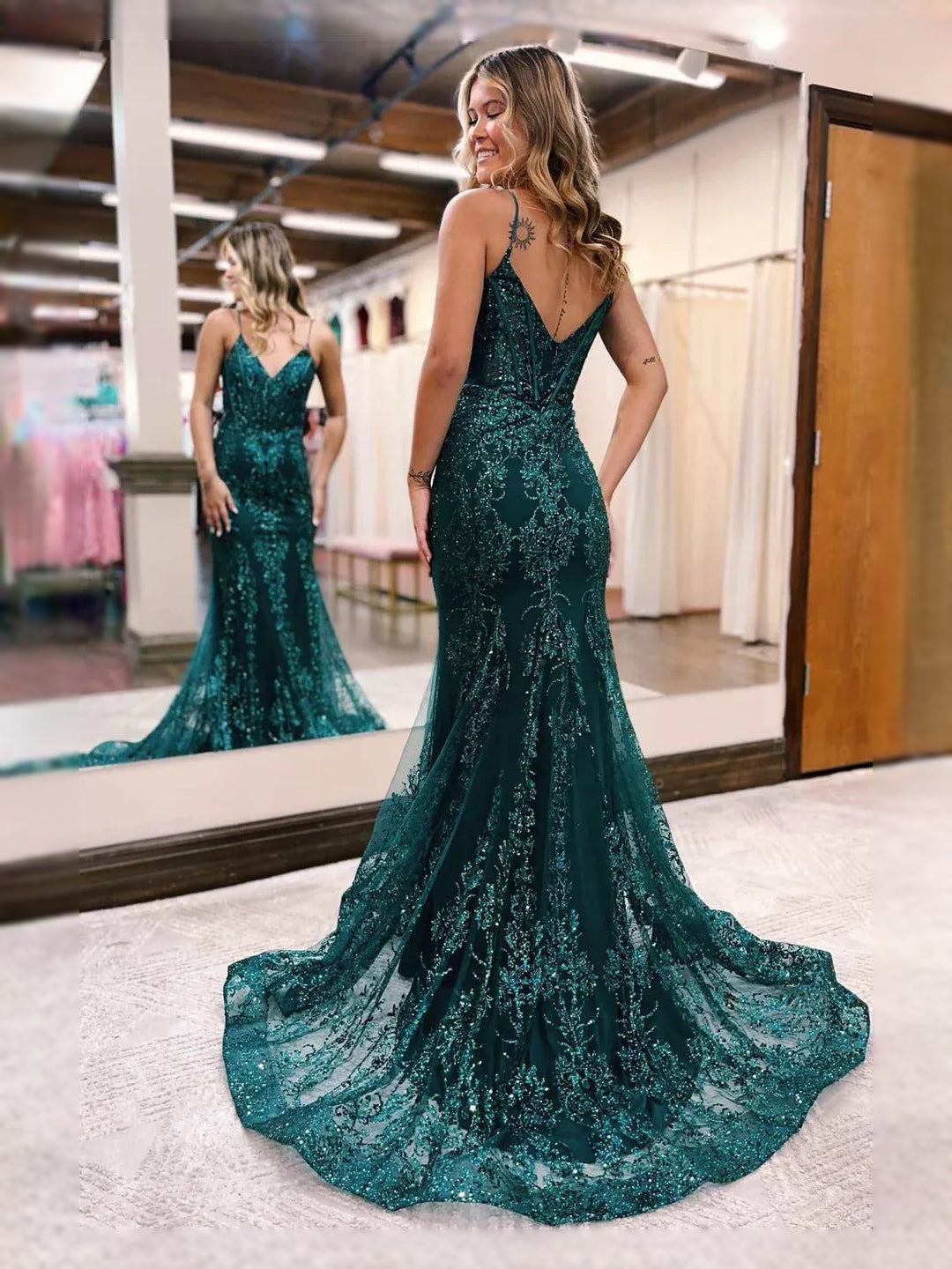 Emerald Green floor-length prom dress, front view showing the mermaid silhouette