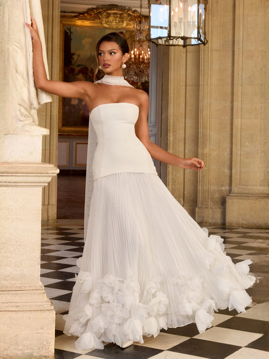 Ivory floor-length wedding dress, front view showing the sheath silhouette