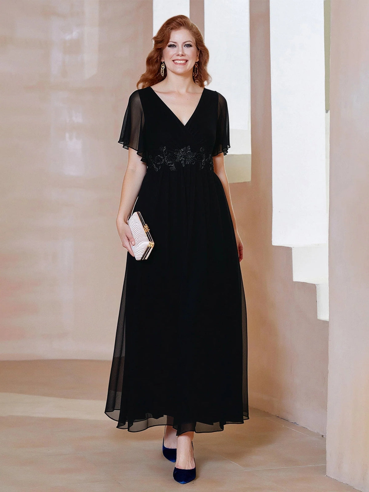 Black maxi mother of the bride dress, front view showing the a-line silhouette
