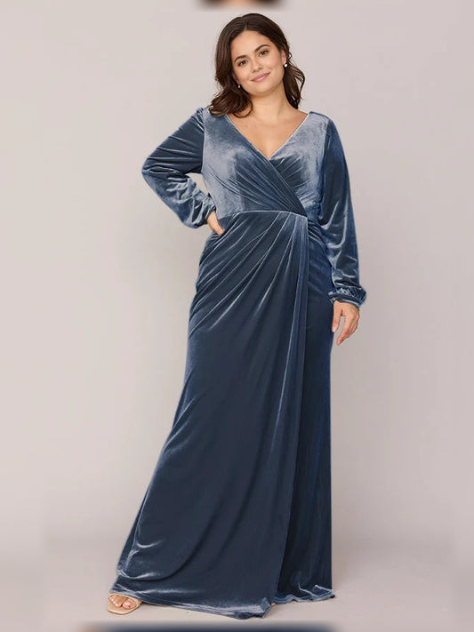 Slate Blue floor-length bridesmaid dress, front view showing the wrap silhouette