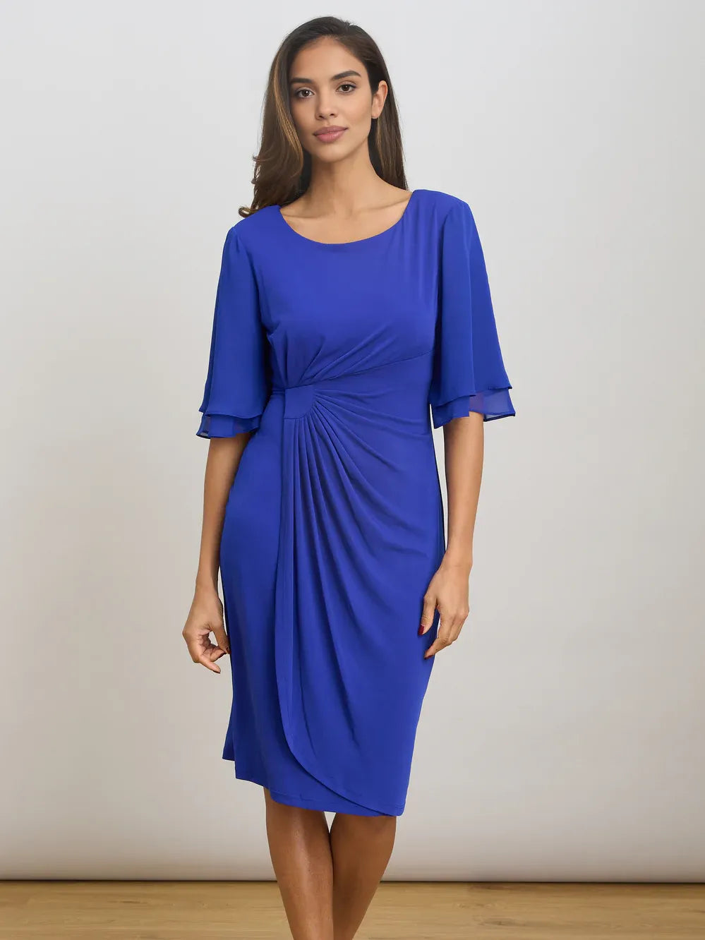 Royal Blue knee-length mother of the bride dress, front view showing the sheath silhouette