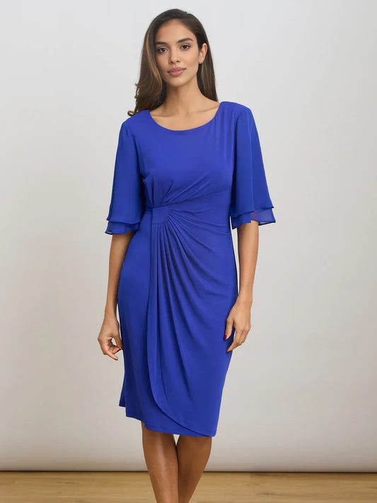 Royal Blue knee-length mother of the bride dress, front view showing the sheath silhouette