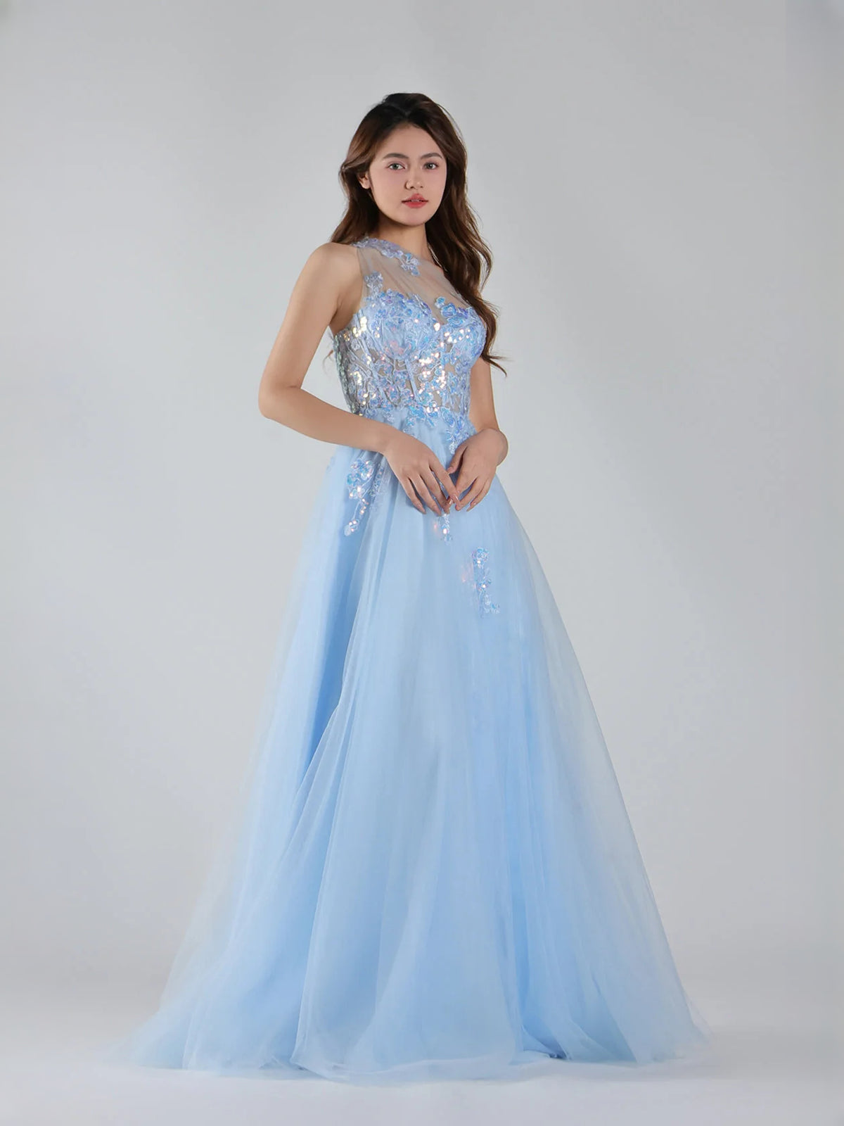 Light Blue maxi prom dress, front view showing the a-line silhouette
