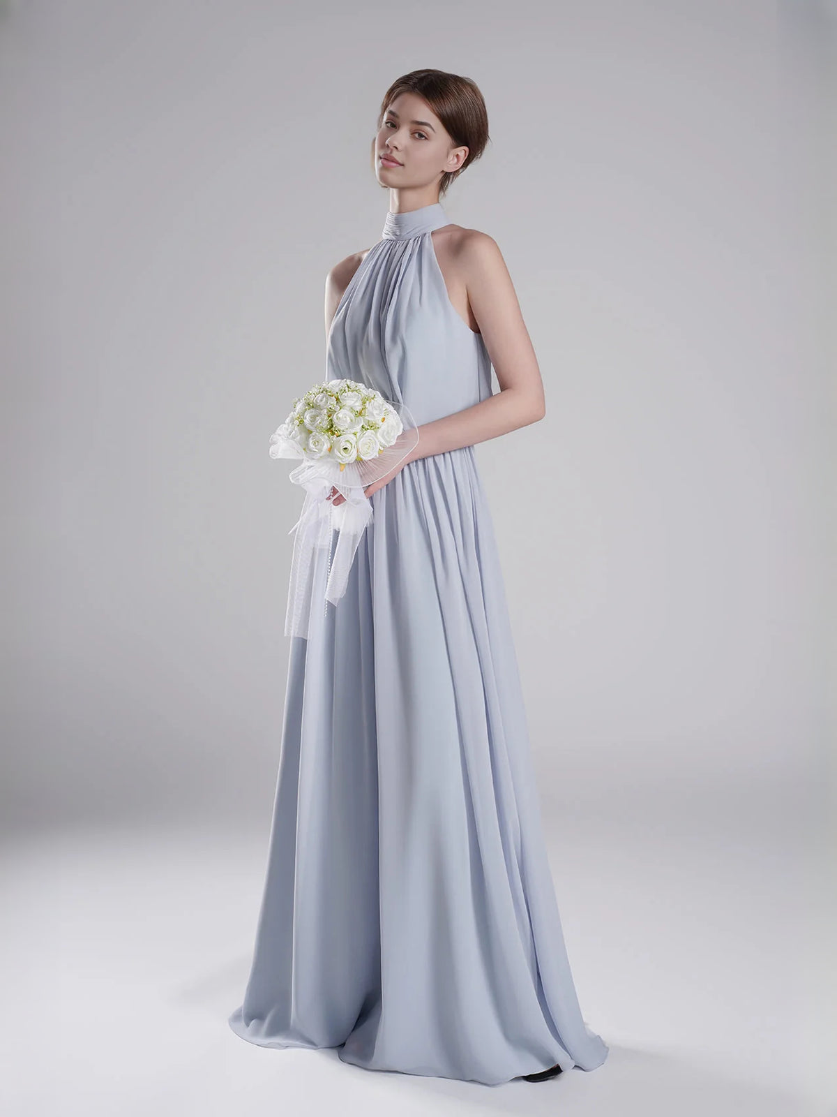 Light Blue floor-length bridesmaid dress, front view showing the a-line silhouette