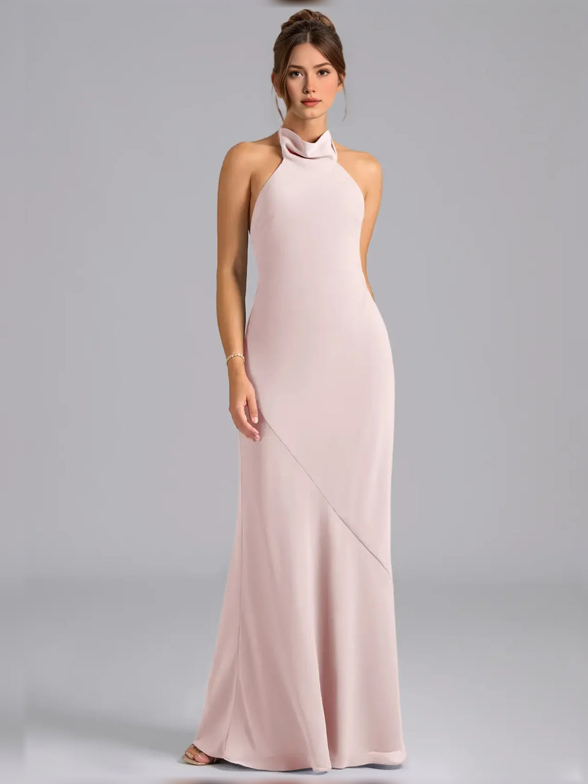 Blush Pink maxi bridesmaid dress, front view showing the sheath silhouette
