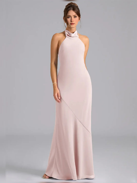 Blush Pink maxi bridesmaid dress, front view showing the sheath silhouette