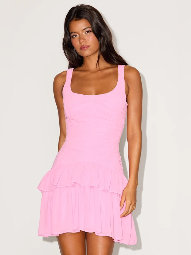 Pink mini homecoming dress, front view showing the silhouette