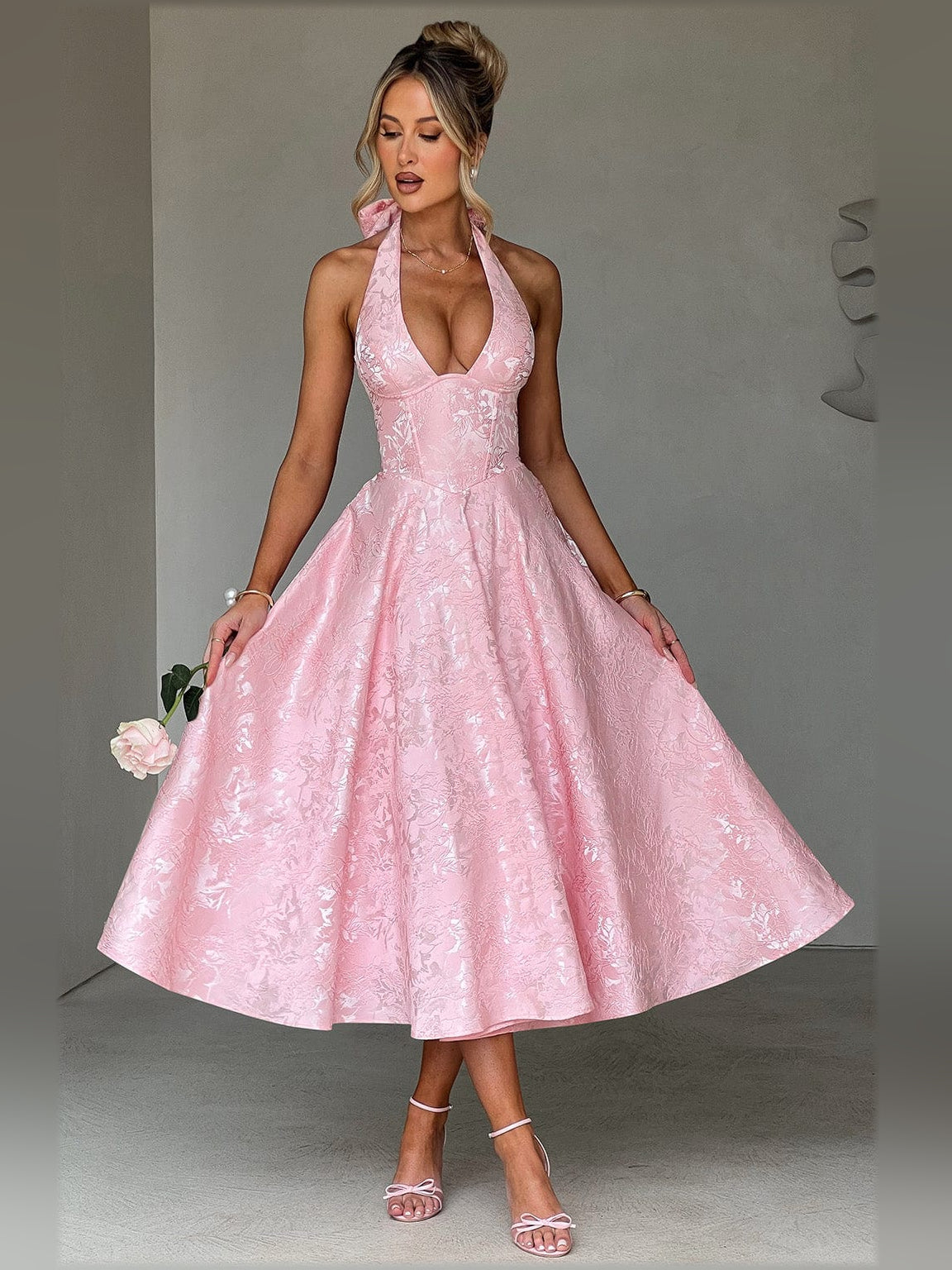 Blush midi formal dress, full-length front view