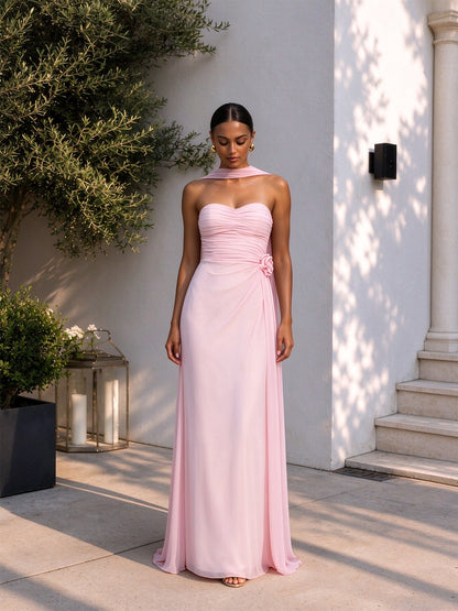 Front view of Strapless Ruched Chiffon Bridesmaid Dress