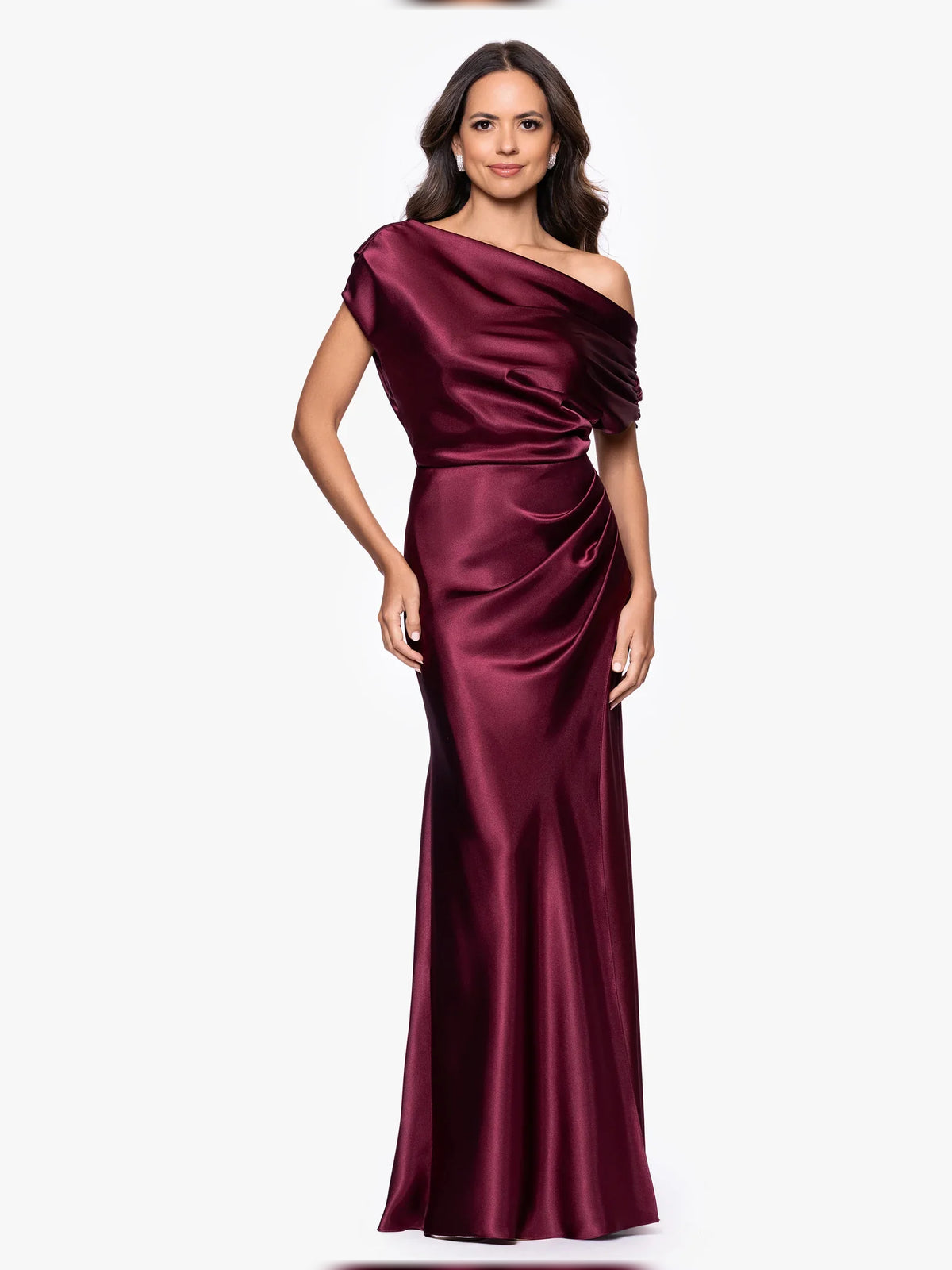 Burgundy floor-length mother of the bride dress, front view showing the mermaid silhouette