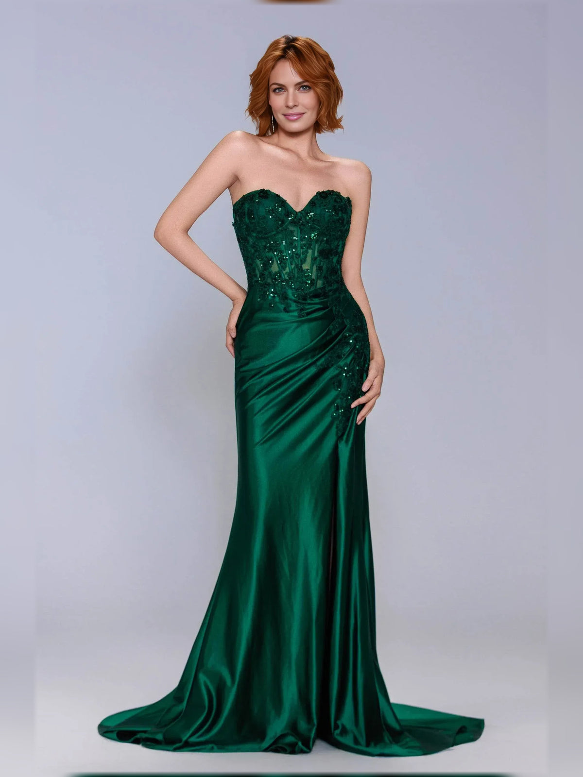Peacock sheath floor-length formal dress with sweetheart neckline, full-length front view